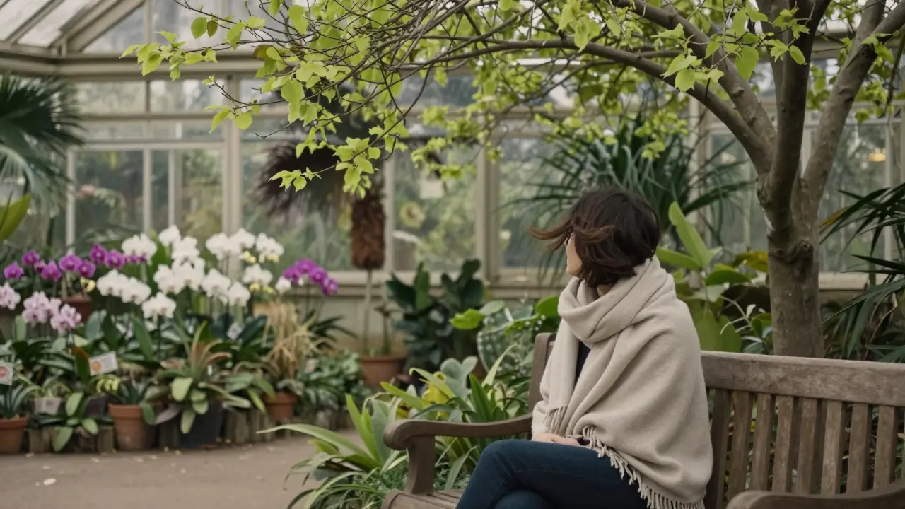A person sitting quietly on a bench in a serene botanical garden