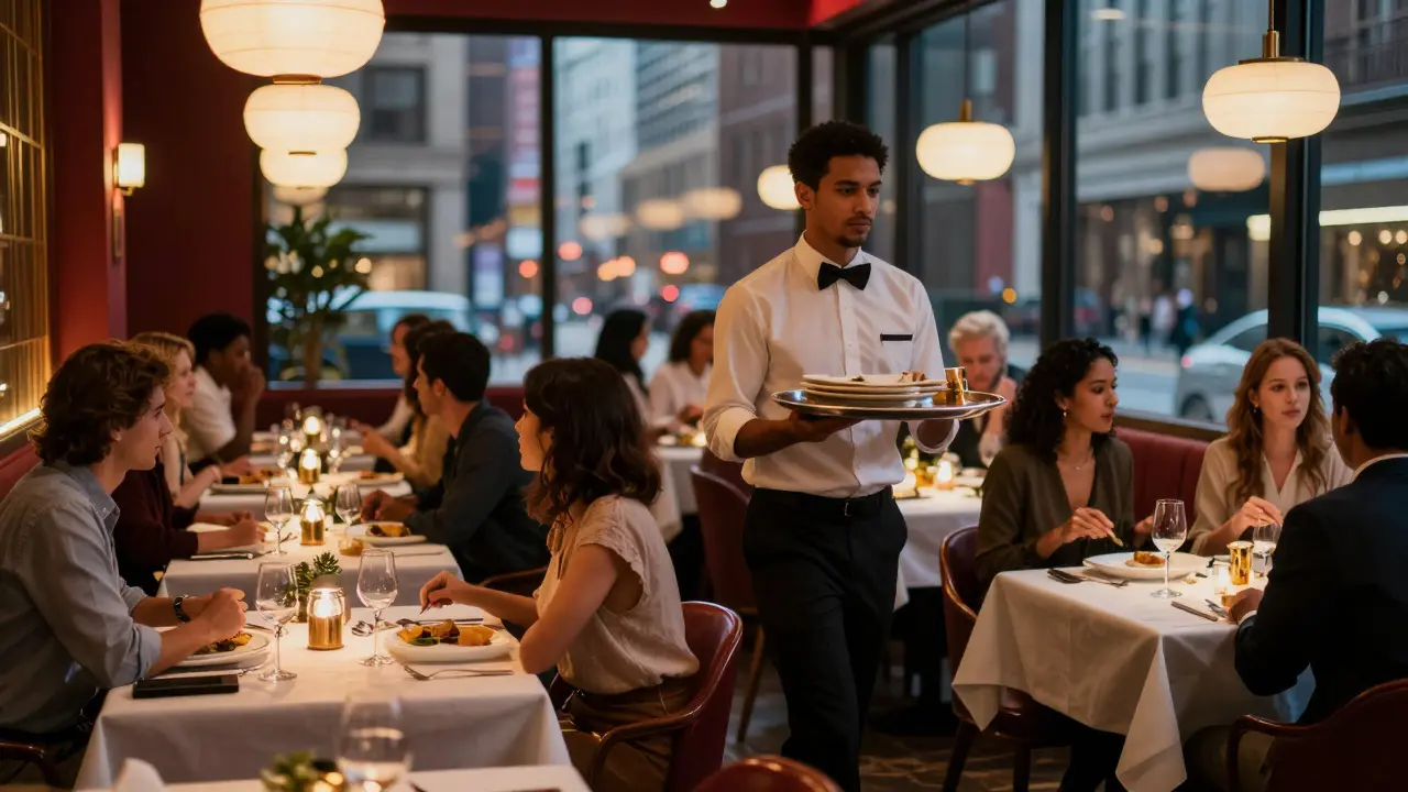 A server carrying trays in a busy downtown Chicago restaurant