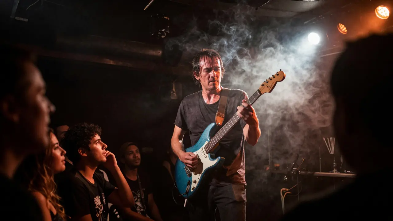 A sweaty blues guitarist performs intensely on a crowded, intimate stage under a bright spotlight