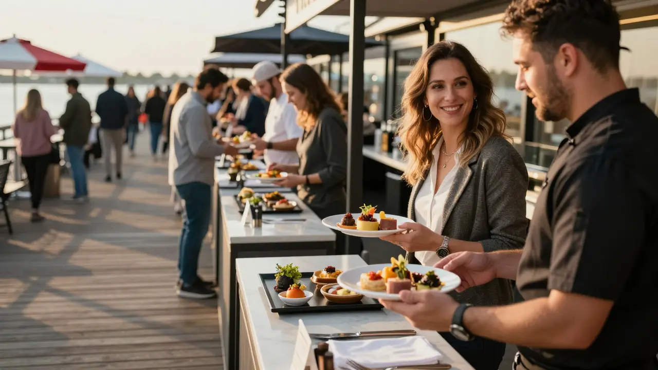 A woman sampling gourmet food at a restaurant booth at Navy Pier