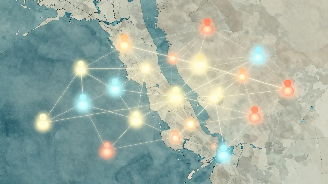 Abstract illustration of a glowing network of connections over a city map