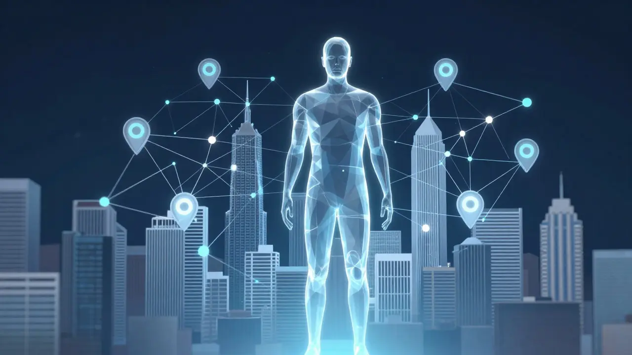 Abstract illustration of a person surrounded by digital data networks in a city