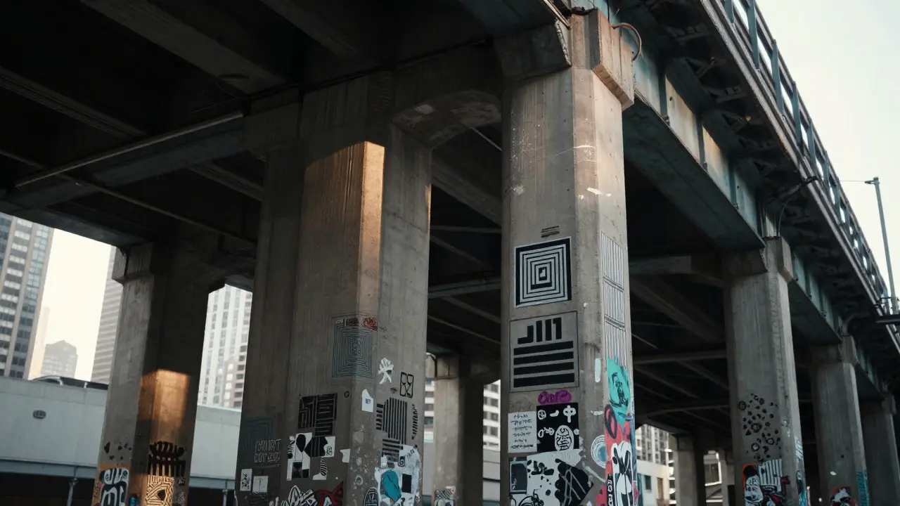 Abstract street art painted on concrete pillars beneath an elevated train track in downtown Chicago