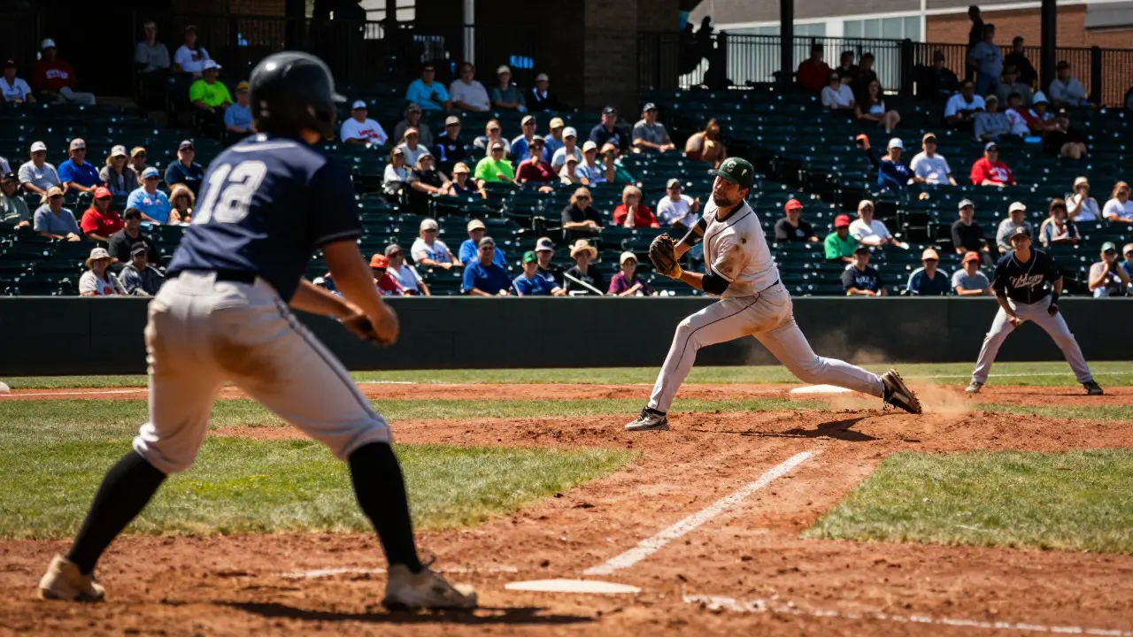 Action shot of a pitcher and batter during an intense independent league baseball game