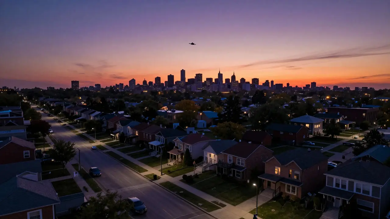 Aerial drone view of a Chicago residential neighborhood at dusk