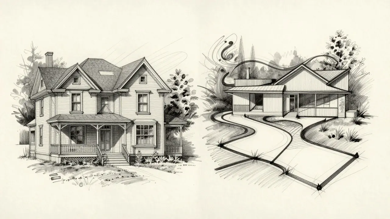 Artistic comparison of traditional Victorian layouts versus open Prairie Style plans