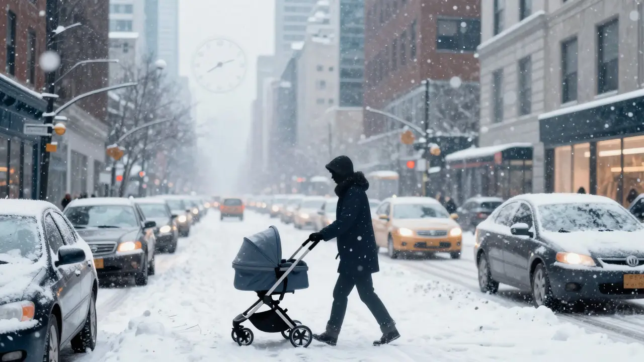 Artistic depiction of a parent navigating snowy Chicago streets with a stroller