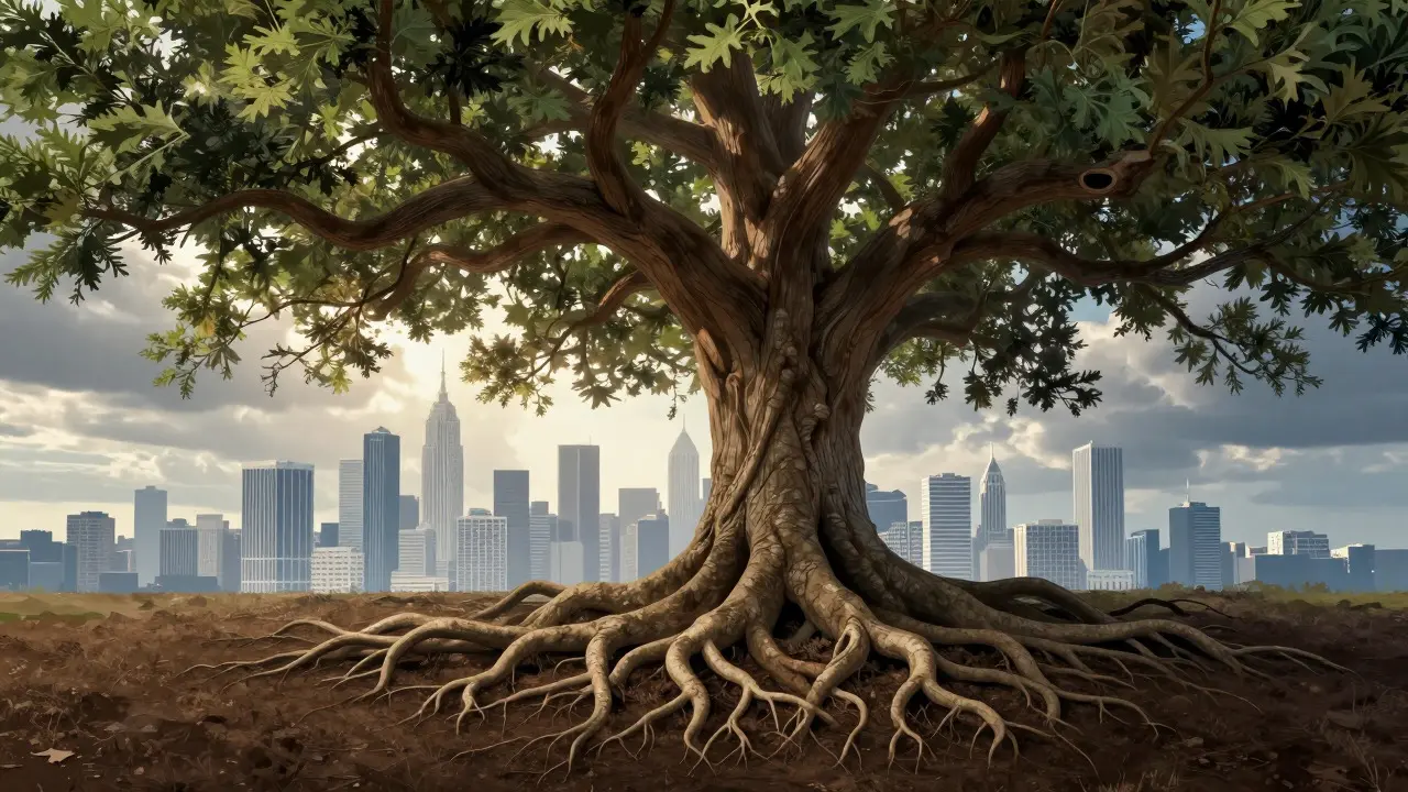 Artistic depiction of an oak tree with roots connecting to a modern city skyline