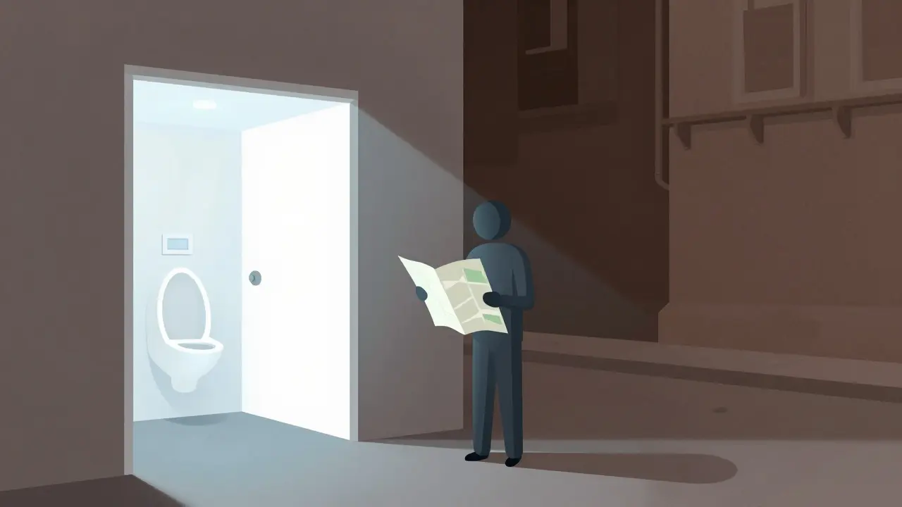 Artistic illustration contrasting clean museum restrooms with dark street kiosks