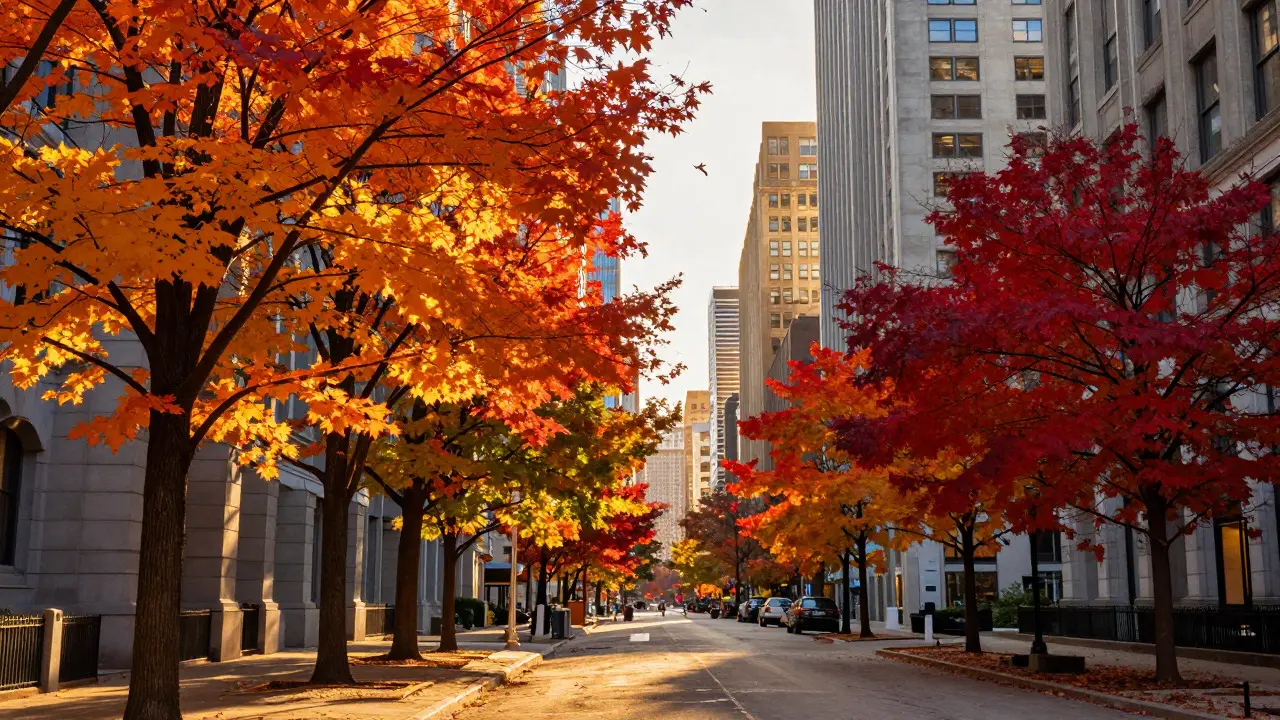 Autumn foliage on the Magnificent Mile contrasting with Chicago skyscrapers in golden light