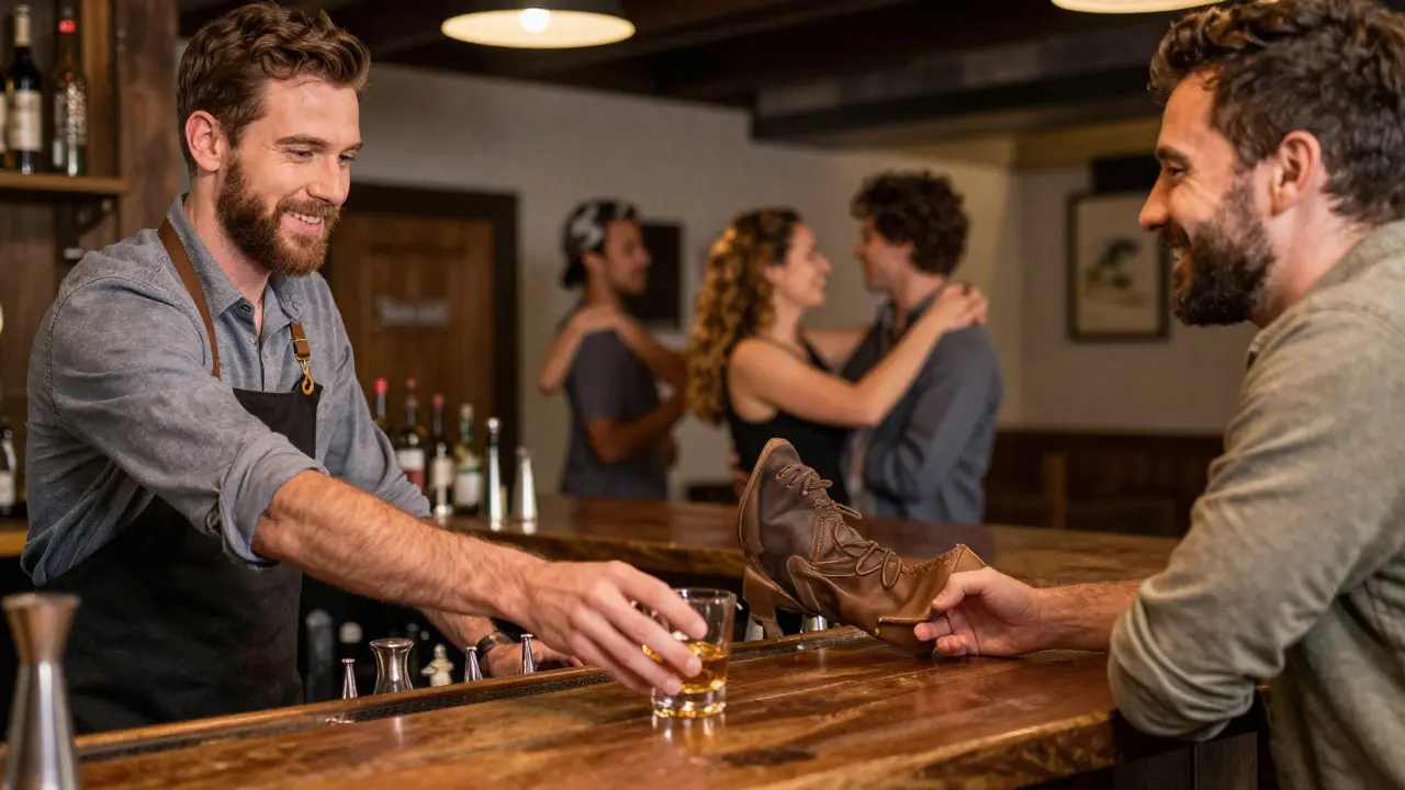 Bartender serving whiskey to a smiling customer in a cozy country bar