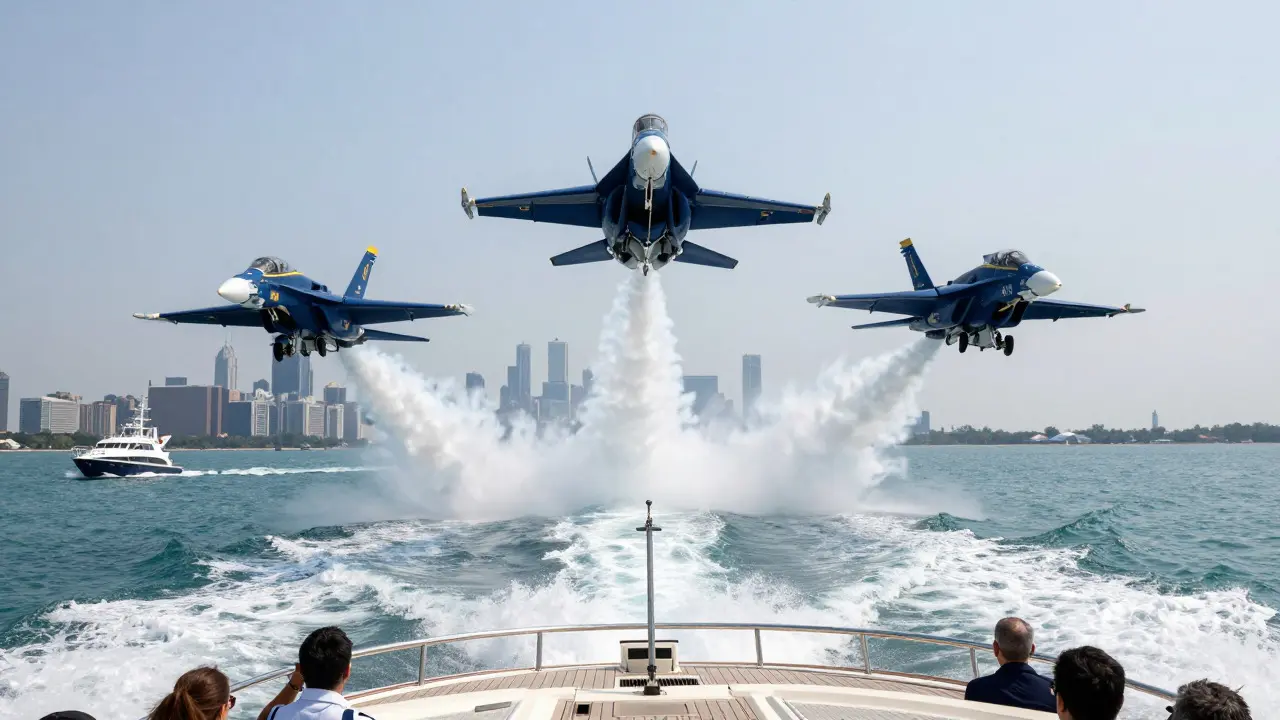 Blue Angels jets flying low over a boat on Lake Michigan with Chicago skyline in background