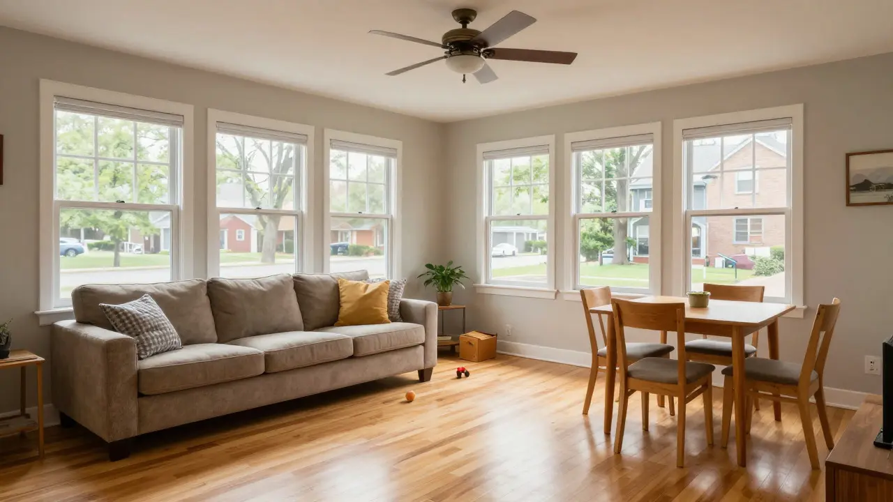 Bright, family-friendly living room interior in a suburban Chicago rental