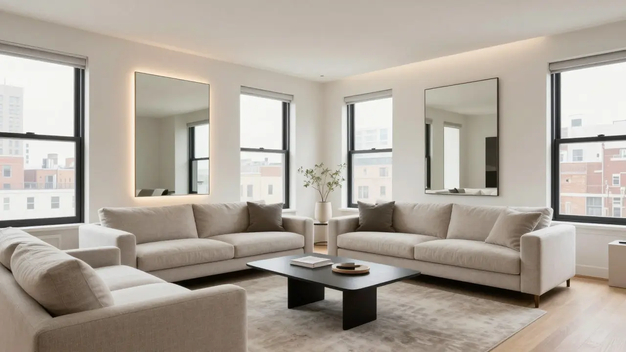 Bright, neutrally staged living room with large mirrors and windows