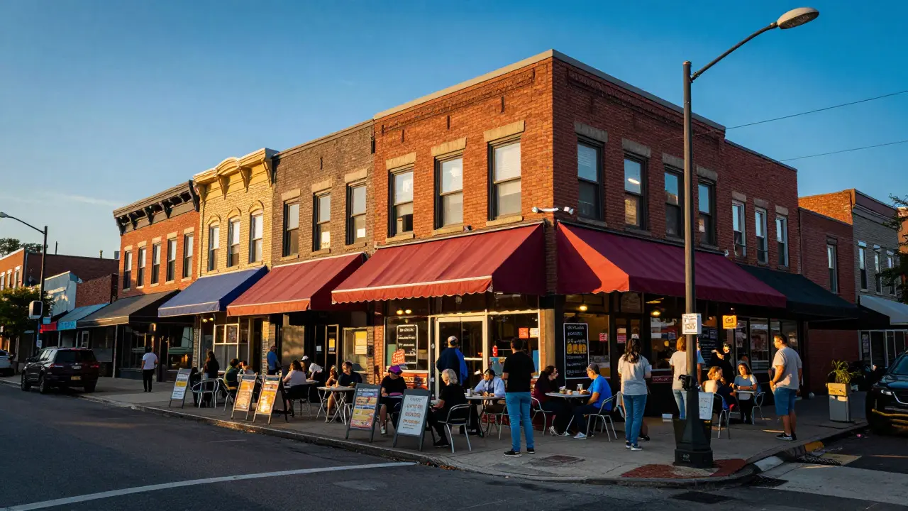 Busy street scene in Logan Square with people dining outside local restaurants