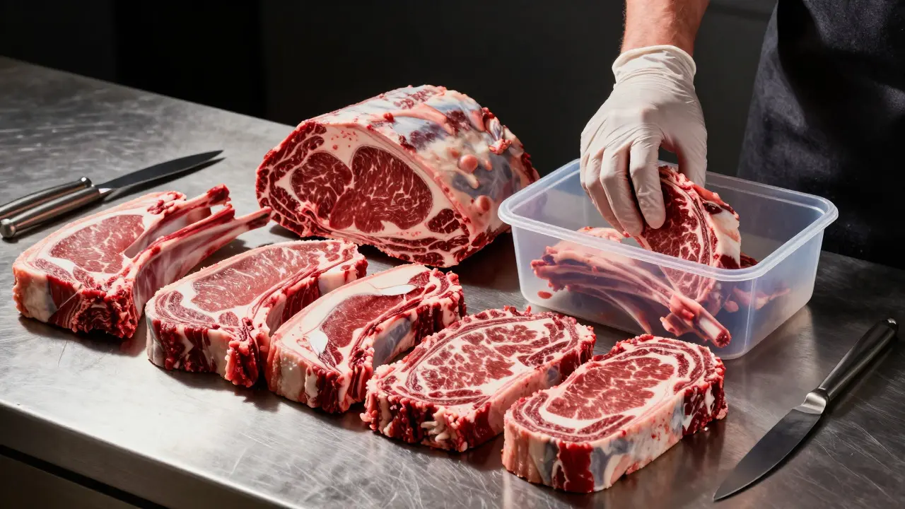 Butcher arranging fresh cuts of beef and lamb on a stainless steel counter