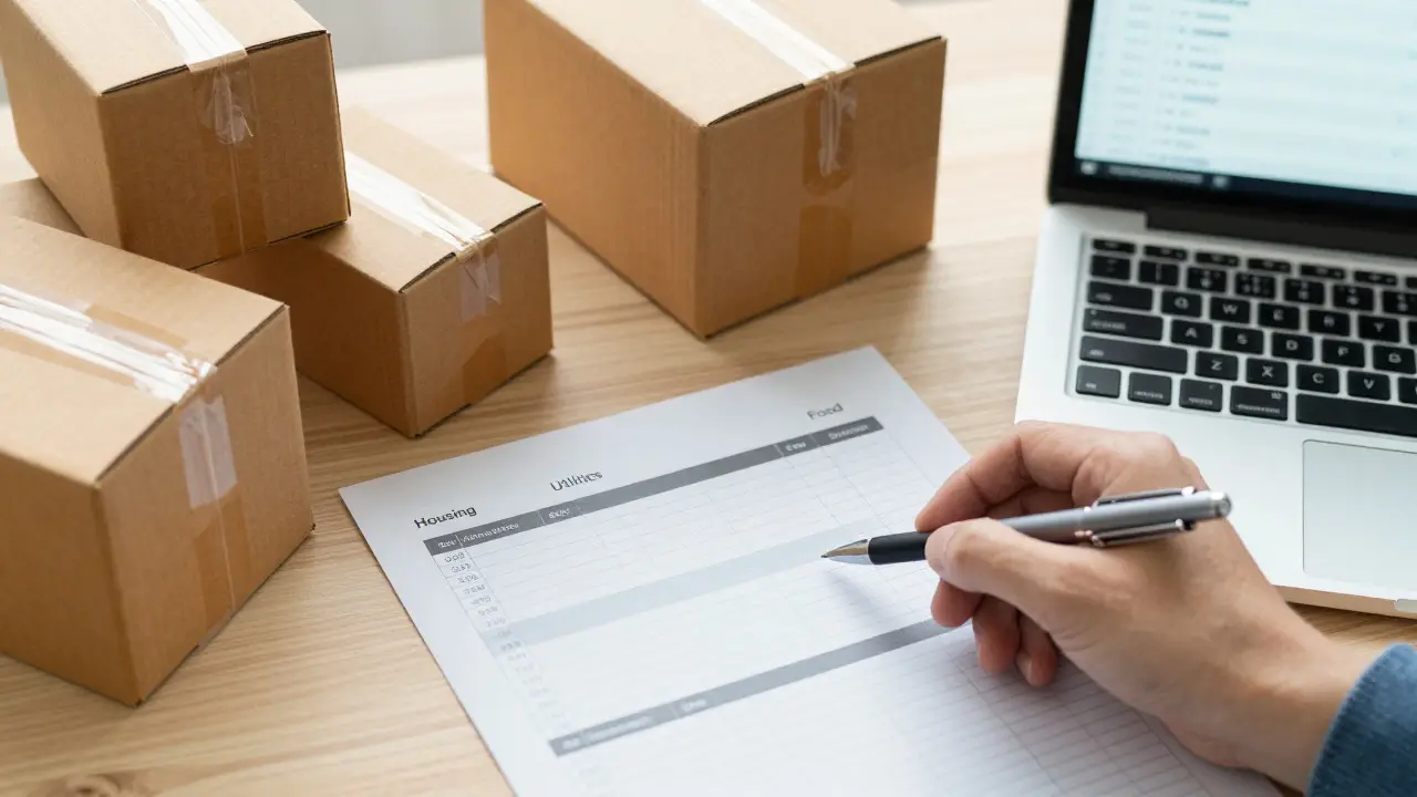 Close-up of a budget spreadsheet and moving boxes on a desk