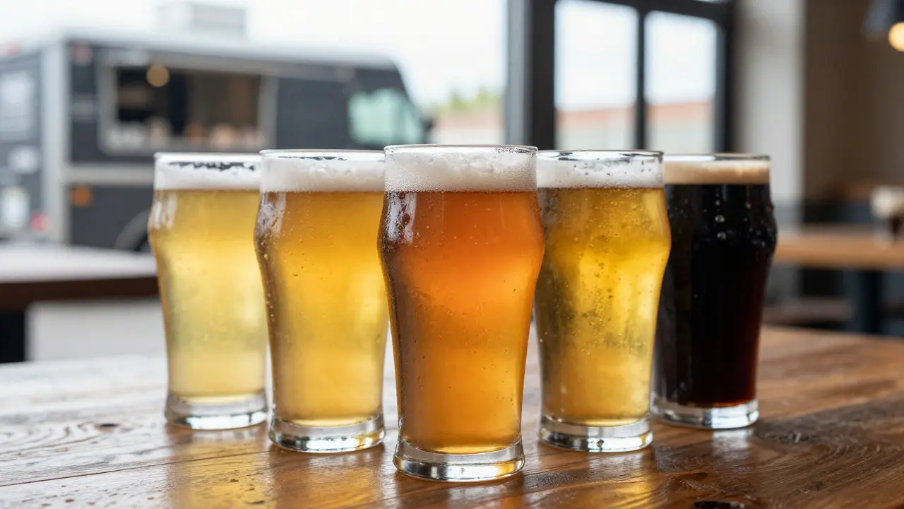 Close-up of a diverse craft beer flight on a wooden table near a food truck
