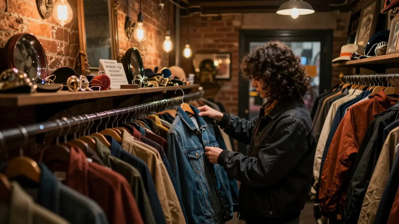 Close-up of a person inspecting a vintage jacket in a dimly lit Chicago boutique
