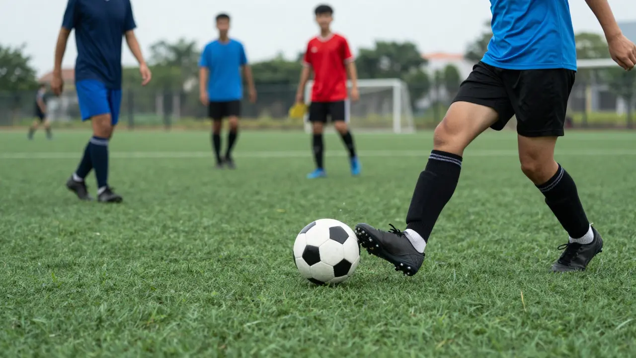 Close-up of a soccer kick on artificial turf during an adult league match