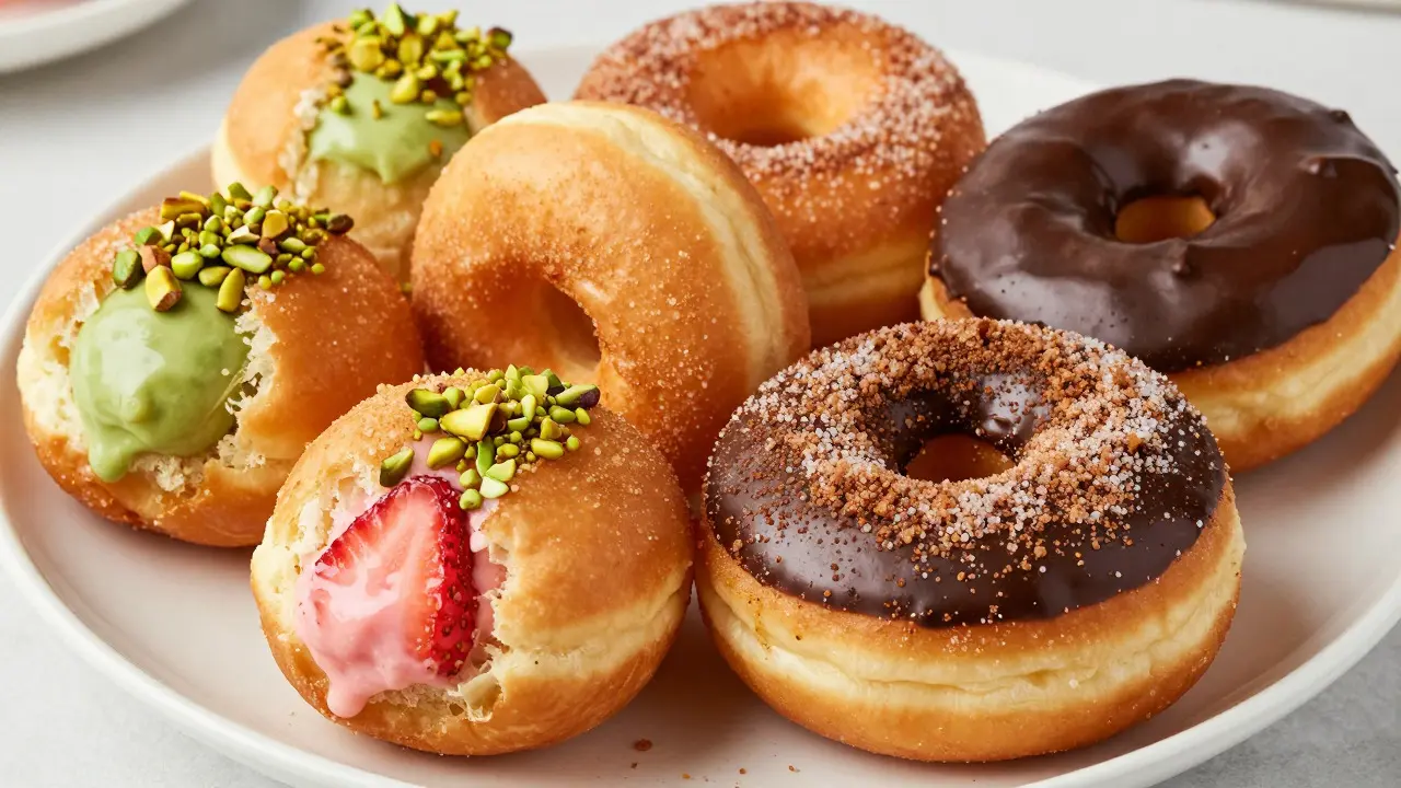 Close-up of assorted filled and yeast-raised donuts on a plate