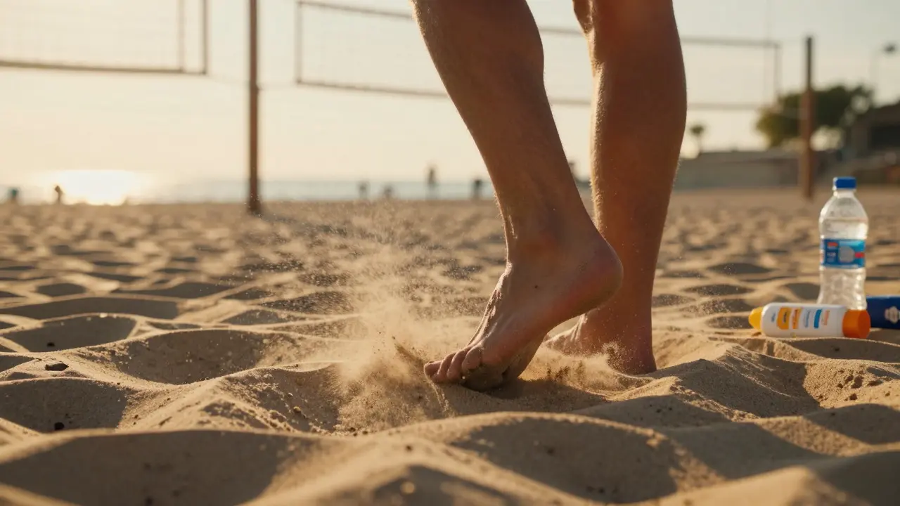 Close-up of feet in sand with volleyball gear nearby