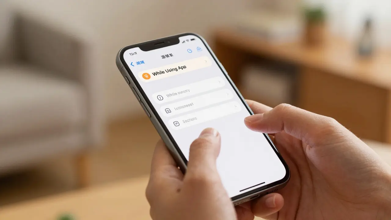 Close-up of hands adjusting location settings on a smartphone