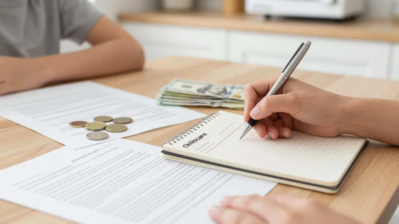 Close-up of hands calculating childcare costs and taxes on a kitchen table with documents