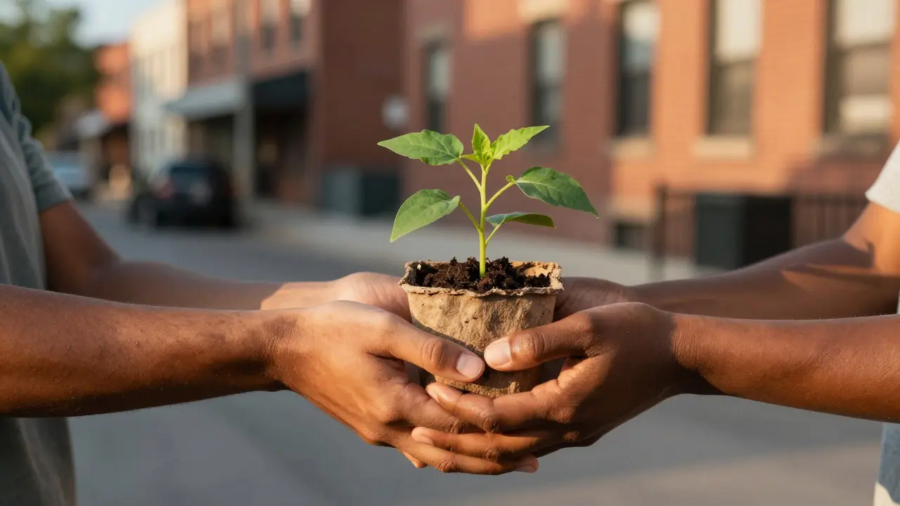 Close-up of hands exchanging a seedling plant in an urban Chicago setting