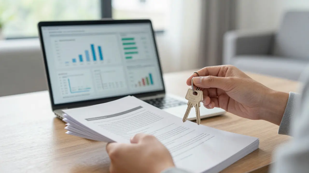 Close-up of hands holding house keys and financial documents in a bright living room
