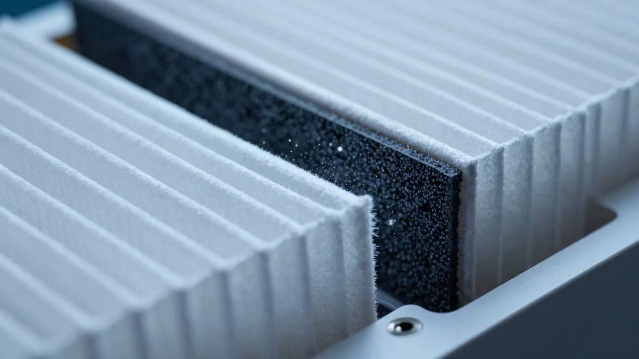 Close-up of HEPA and carbon filter layers trapping air particles