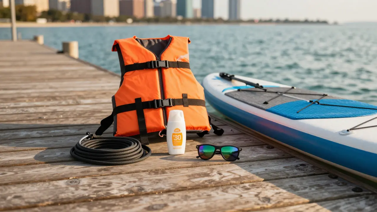 Close up of paddleboarding safety gear including life jacket and leash on a dock