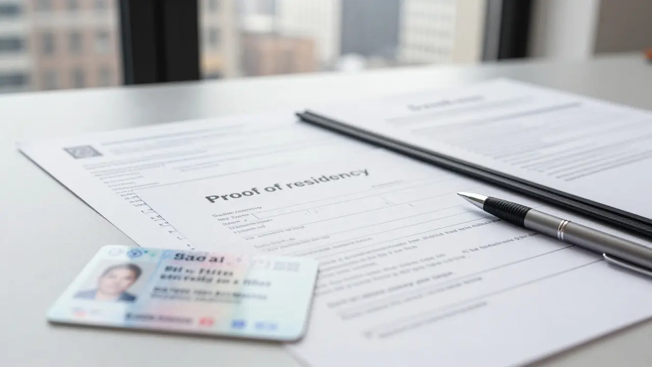 Close-up of voter registration forms, ID, and utility bills on a desk