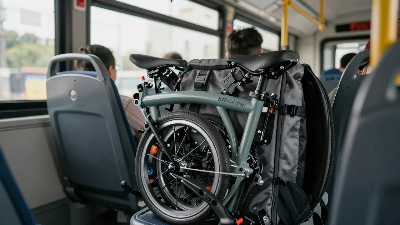 Collapsed folding bike in a backpack sitting on a CTA bus seat