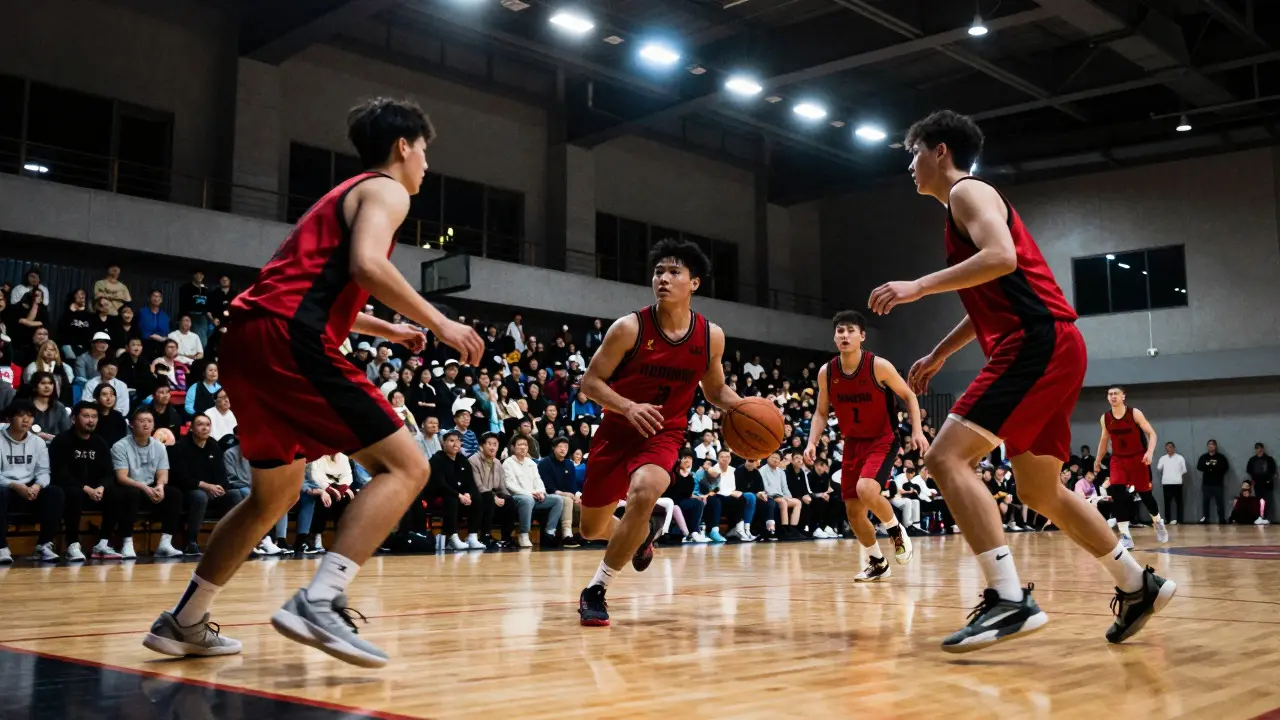 College basketball player dribbling in a red uniform inside a busy urban arena