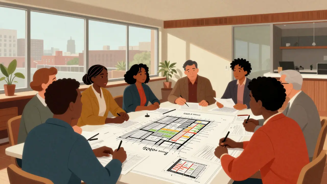 Community members discussing preservation strategies around a table in a modern office