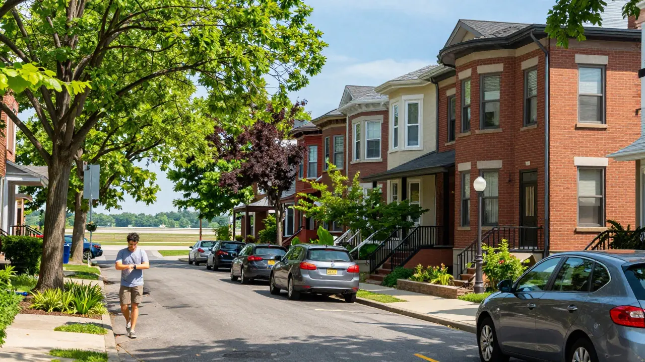 Commuter walking to car in a quiet Chicago neighborhood with distant airport view