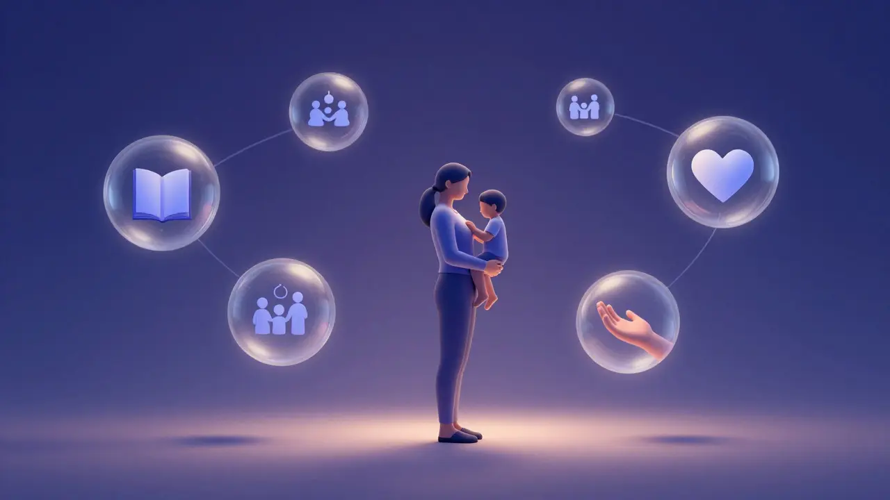 Conceptual art of a parent and child surrounded by glowing orbs representing support systems.