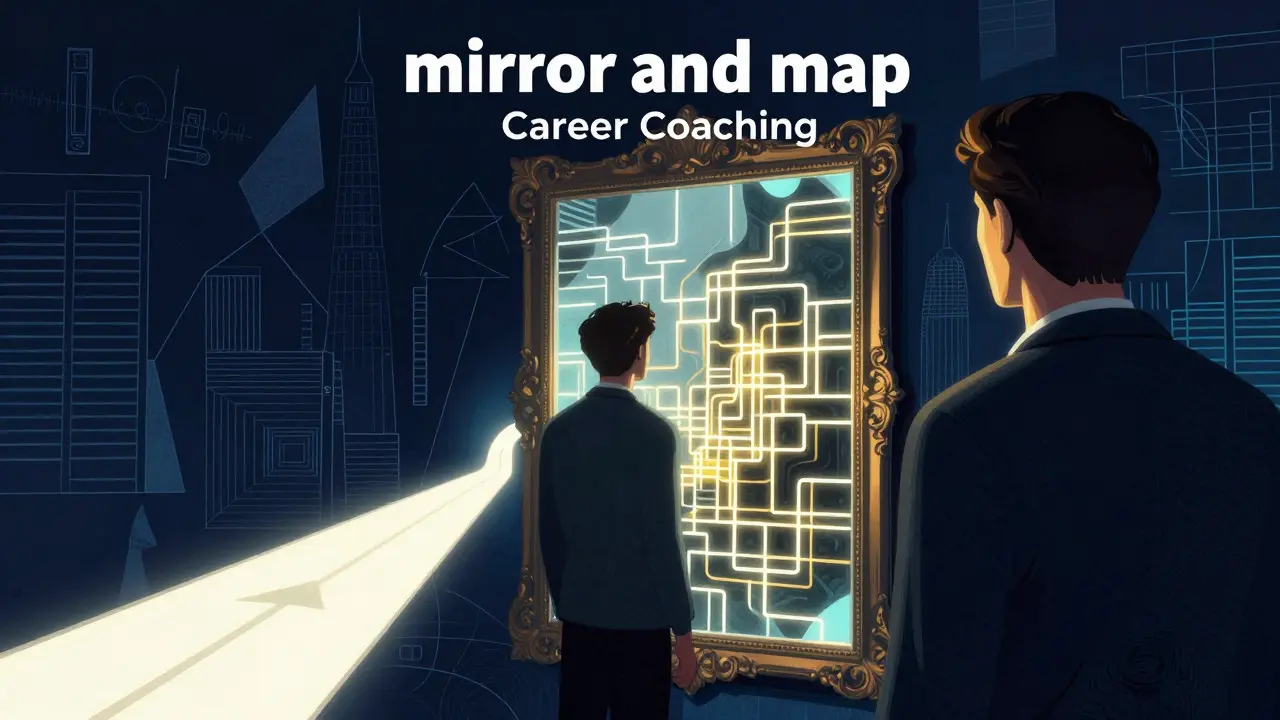 Conceptual art showing a person reflecting on career paths in a mirror