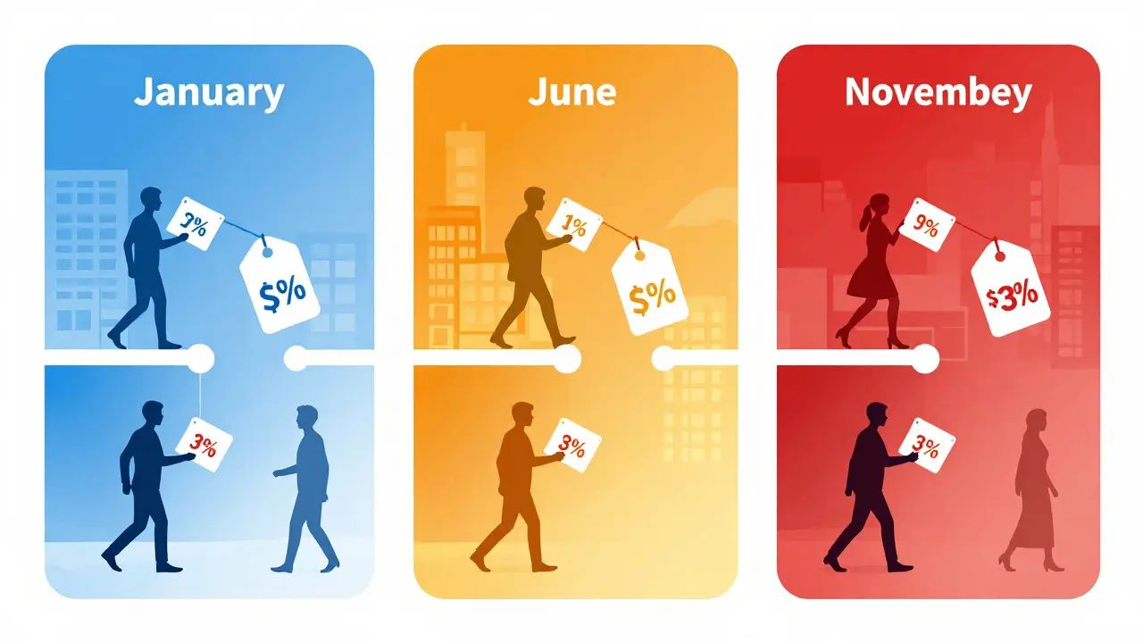 Conceptual illustration showing seasonal retail discount cycles with abstract figures
