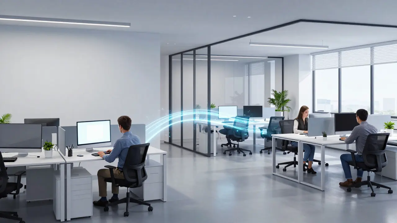 Conceptual image connecting a home office and corporate workspace