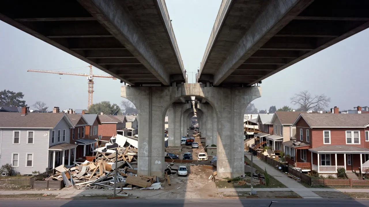 Concrete highway overpass dividing residential neighborhood with demolition sites