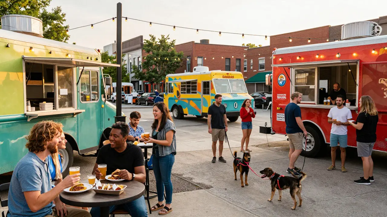 Crowd enjoying food trucks and beer on a sunny brewery patio in Chicago