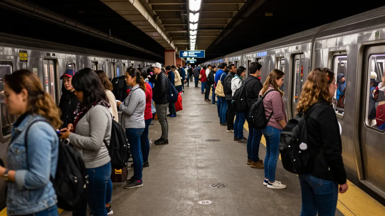 Crowded CTA train platform with commuters waiting during rush hour