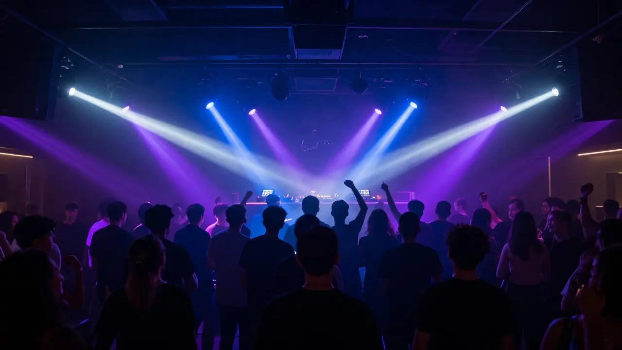 Crowded dance floor in a modern electronic music club with intense colorful lighting