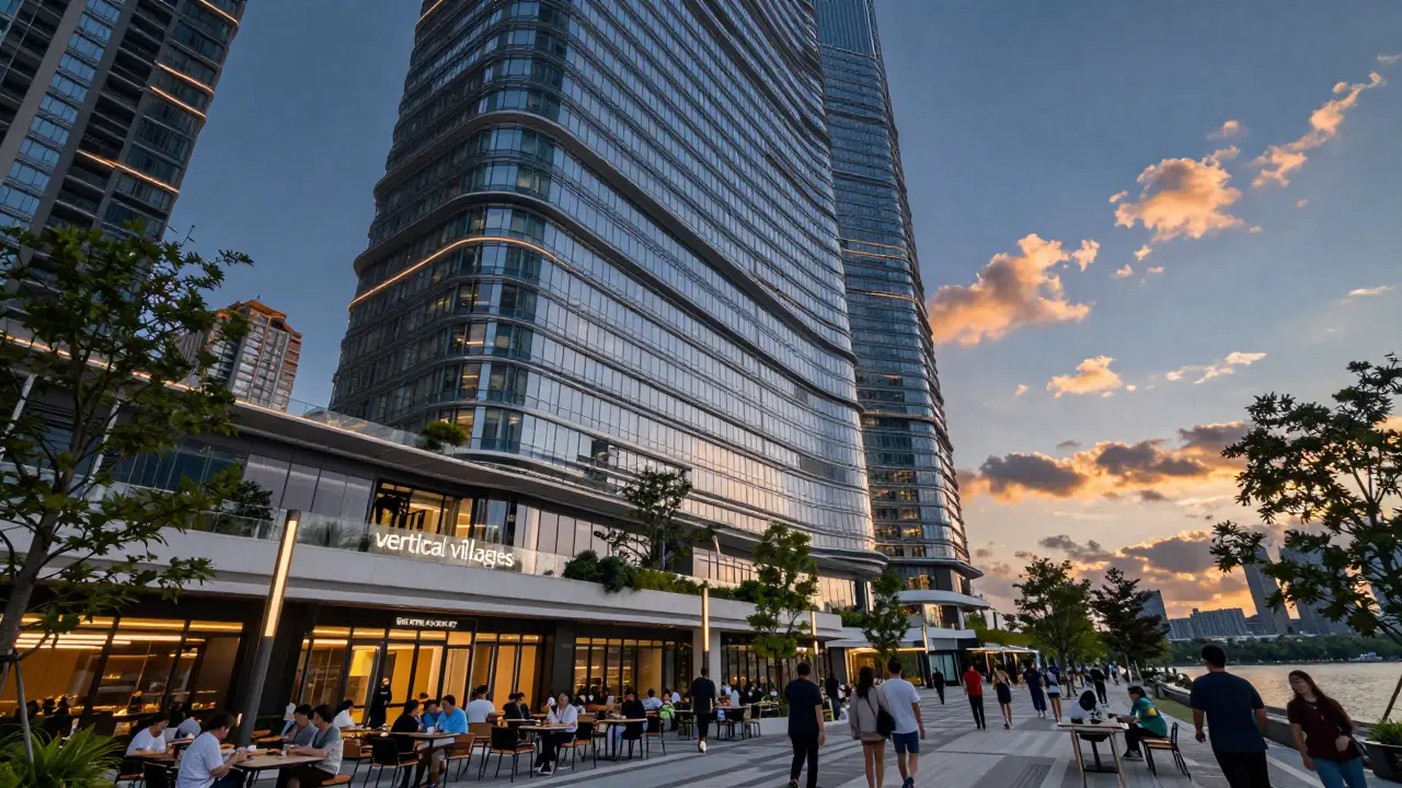 Curved glass high-rise tower overlooking a busy public plaza in downtown Chicago at dusk