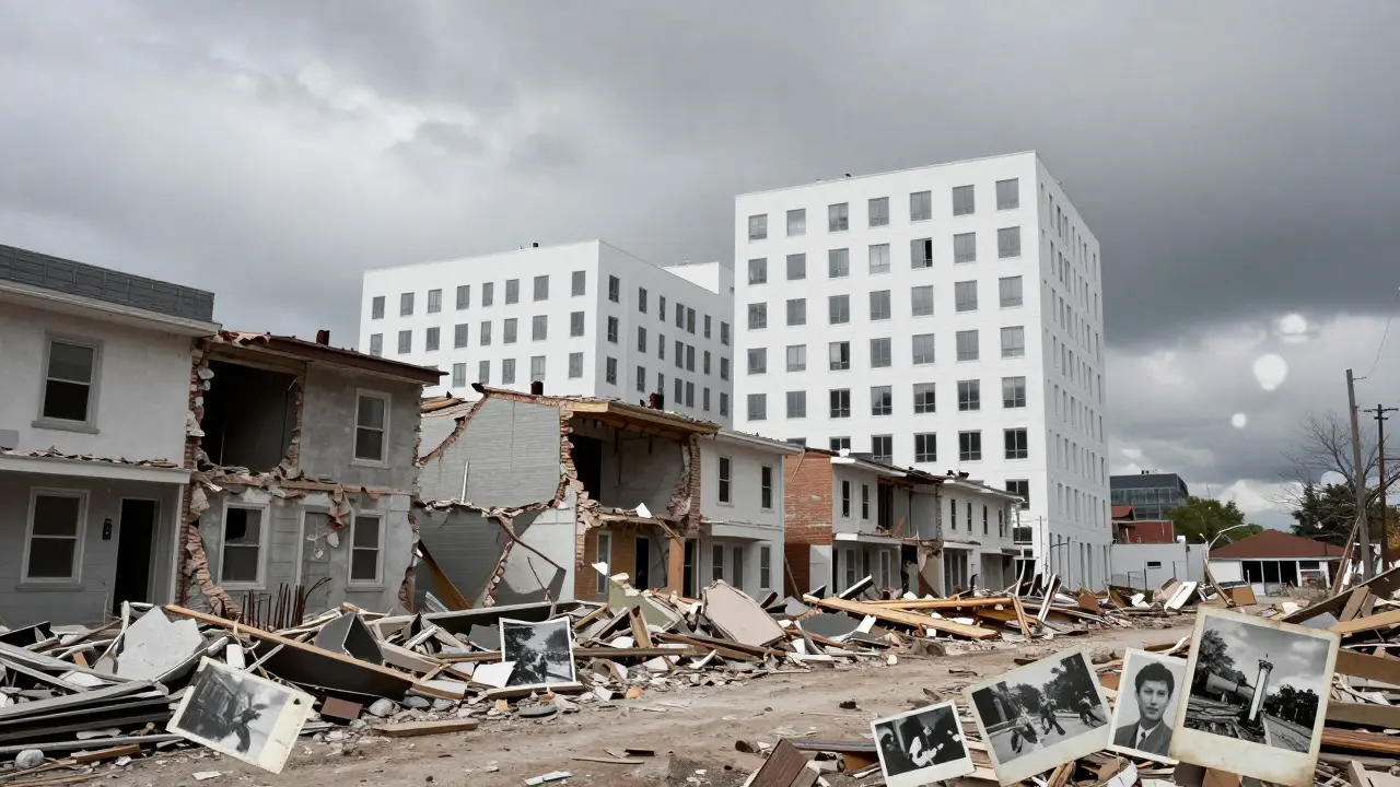 Demolished row house lot next to new construction with symbolic elements of lost history