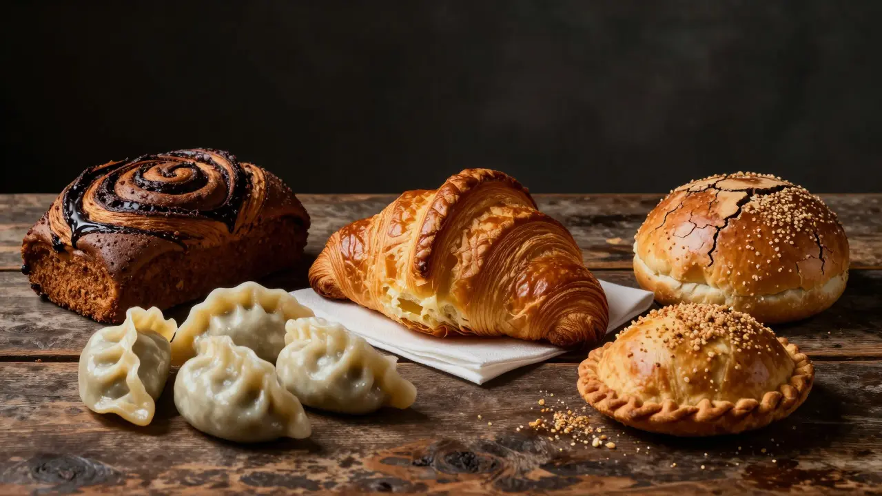 Display of babka, pierogi, croissant, and concha representing diverse baking