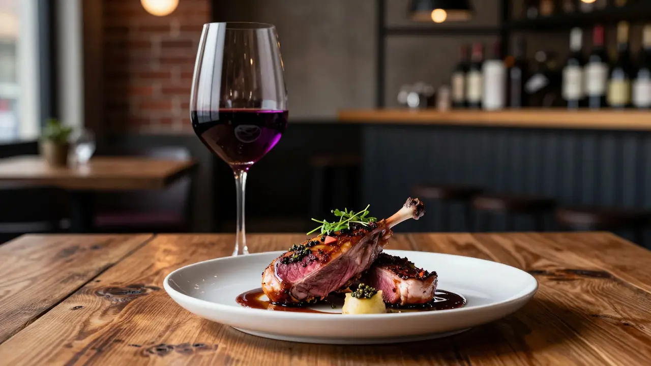 Duck breast dish paired with a glass of Syrah wine on a wooden table