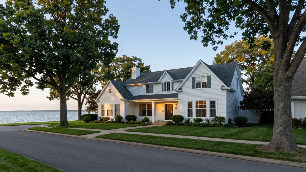 Elegant detached home in Evanston near the lakefront, surrounded by mature trees and manicured lawns.